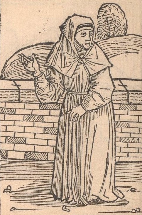 Engraving with the representation of a beguine, from the book Des dodesdantz, printed by Matthäus Brandis in Lübeck el 1489