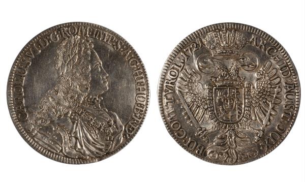 Caja-moneda hecha a partir de dos Táleros de Carlos VI, emperador del Sacro Imperio Romano y Germánico, 1721. Museu Nacional