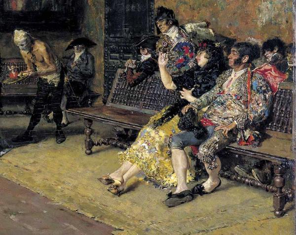 The Spanish wedding.  Detail of a maja and a bullfighter seated on a bench, c. 1870 