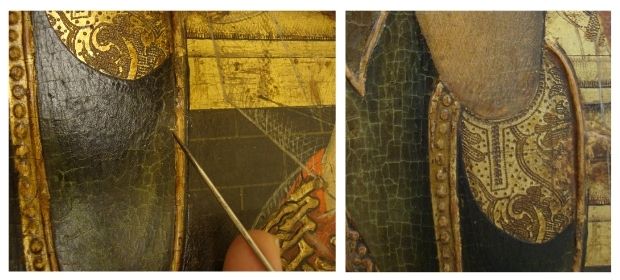 (8) Detail of the cassock with the location of the micro-sample. (9) Detail of the completely golden gown elaborated in gold leaf with punching. Photo: Núria Prat i Grau