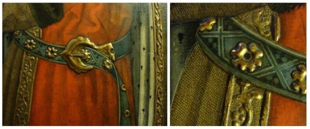 (7) Details of the dalmatic with the rivet and the belt; the buckle and the golden decorations are made with stucco relief and golden with gold leaf. Photo: Núria Prat i Grau