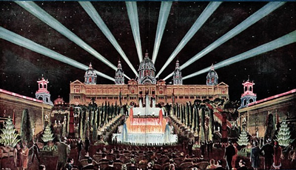 Barcelona International Exposition. Lighting effects of the fantastic waterfalls of the Palau Nacional and its powerful searchlights. La Ilustración iberoamericana, extraordinary issue, 1930, number 2