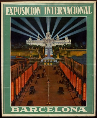 Poster. Perspective of the Maria Cristina avenue with the luminous obelisks popularly known as "asparagus"; in the background, the Magic Fountain and the waterfalls that descend from the Palau Nacional, with the nine searchlights that crown it, 1929