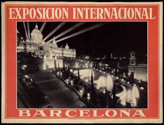 Cartell amb imatge fotogràfica nocturna del Palau Nacional i les cascades il·luminades al recinte de Montjuïc , 1929 – AFB