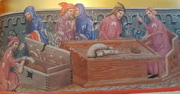 Ferrer Bassa and workshop. Scene of the weighing of gold coins with a trabuquet or weighing scales with triangular pans. Anglo-Catalan psalter from Paris, now in the National Library of France, 1333-1348. Photograph of the facsimile of the work published by Moleiro editors. Museu Nacional, Joaquim Folch i Torres Library