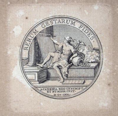 Gravat de medalla dedicat a l’Académie Royale des Médailles et des Inscriptions a Medailles sur les principaux evenements du regne de Louis le Grand, París, 1702