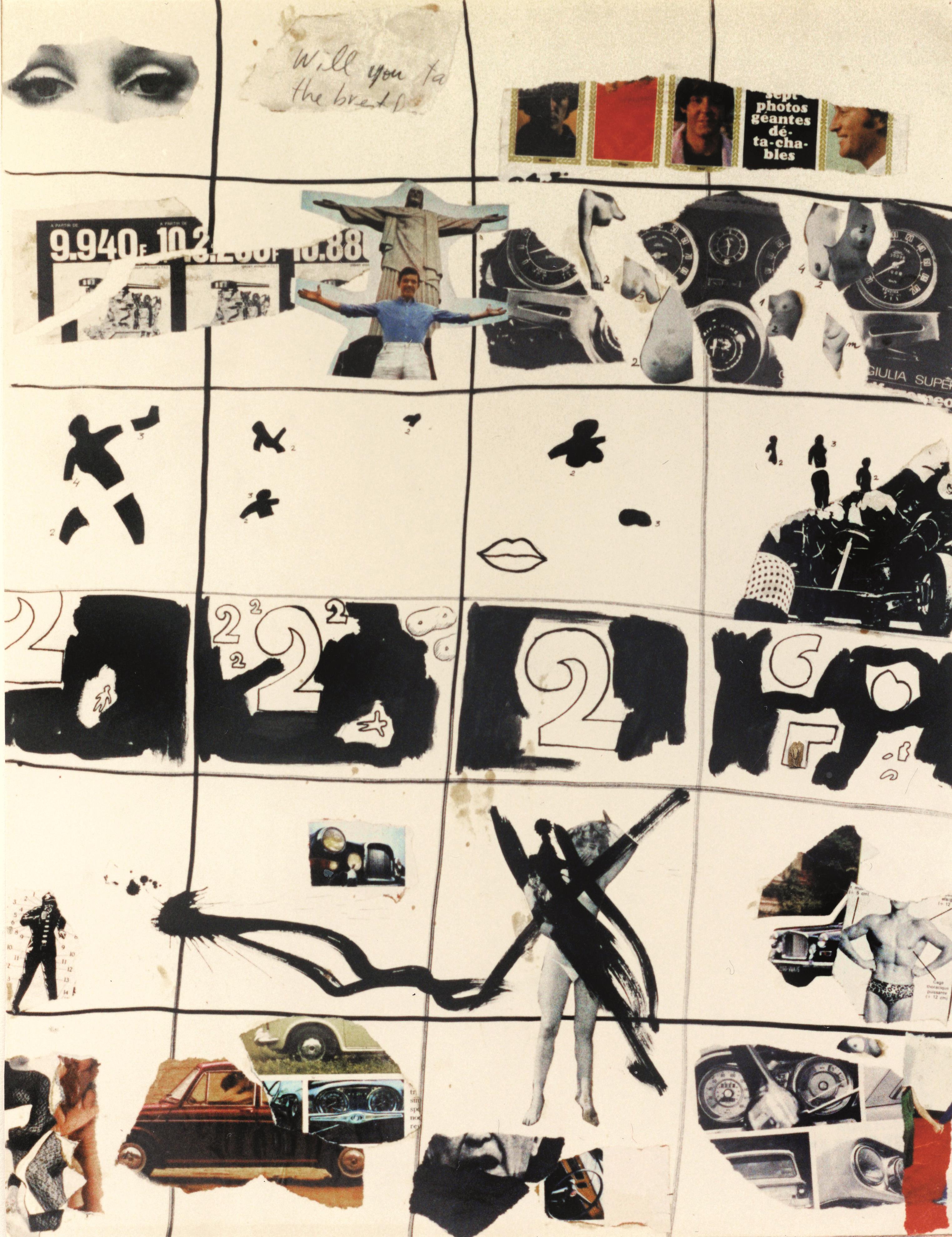 Guillem Ramos-Poquí. Collage de la cuadrícula, con números, coches y los Beatles, 1965