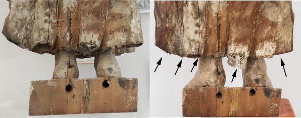 Imagen de la obra antes y después de ser restaurada. Se observan las puntas de encaje debajo de la falda