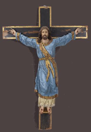Virtual image of Saint Wilgefortis with the blue tunic, the sash and belt and the lace edge on the bottom of the skirt