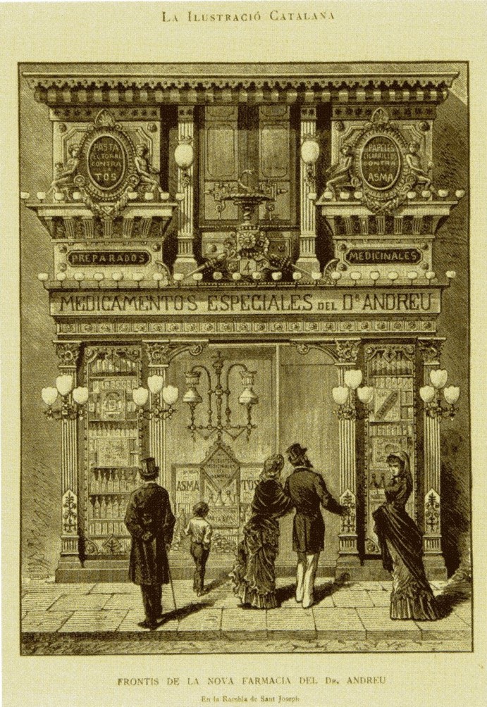 Fachada de la nueva farmacia del Doctor Andreu. La Il·lustració Catalana, Barcelona, 1882