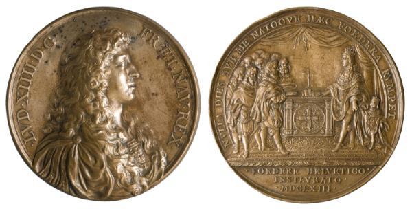 Jean Warin. Busto de Luis XIV en la medalla conmemorativa de la renovación de la alianza con la Confederación Helvética (1663), bronce