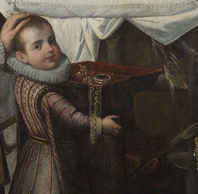 Juan de Roelas, Adoració de Crist amb la família Ayala, cap a 1602. Detall de les joies que cauen del cofre