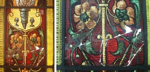 La Mare de Déu quan era xiqueta (1910-1913). Fractures de vidre a la part inferior del plafó central: abans del tractament amb llum transmesa (esq.) i sense llum transmesa (dreta)