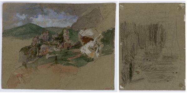 Marià Fortuny, Rocky Landscape (front)/ Vague sketch (back) Circa 1860-1862