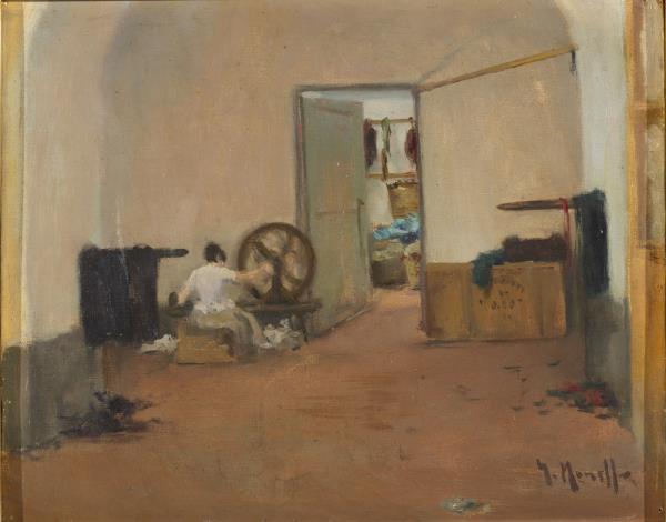 Isidre Nonell, Interior con hiladora, hacia 1892. Depósito de la Generalitat de Catalunya, Colección Nacional de Arte, 2020. Museu Nacional d'Art de Catalunya. 