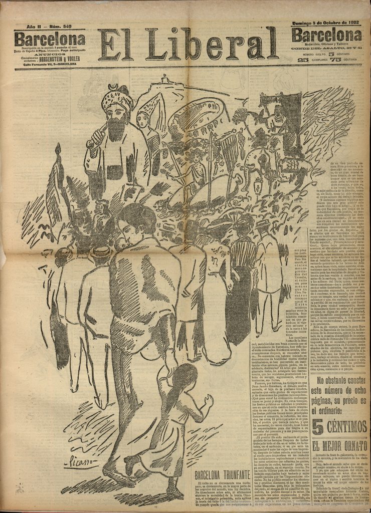 Picasso. I·lustració de les Festes de la Mercè de l’any 1902 reproduït a la portada del diari El Liberal, 5 d’octubre del 1902. Arxiu Històric Ciutat de Barcelona (AHCB)
