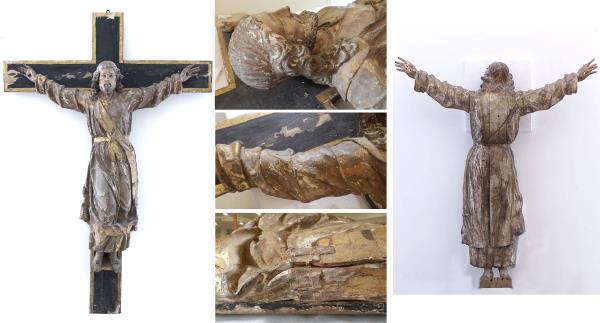The wood carving prior to conservation-restoration process. General image, details and the back of the figure