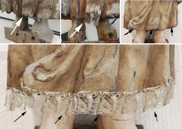 Details of the back where the fragment of bobbin lacework was found and at the front where the mark was left (above). Hypothesis for reconstruction of the lacework applied to the entire hem of the skirt (below).