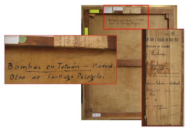 Revers de l'oli de Santiago Pelegrín Bomba a Tetuán (Madrid), amb l'etiqueta de l'Exposició de Arte y Técnicas de París, 1937 que certifica que va ser exposada al Pavelló de la República