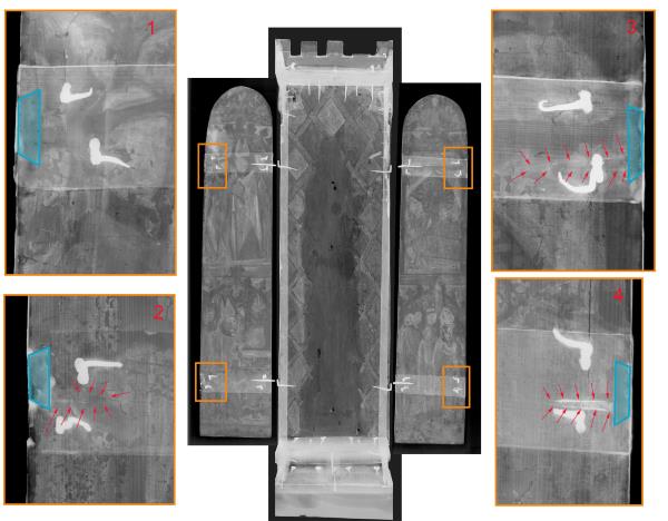 Montage of the X-ray images of the tabernacle and the doors. The non-original wooden grafts have been painted blue and the woodless areas with traces of rust are indicated with red arrows, where the iron fittings holding the lost front wings went. Treated X-ray images: Àngels Comella