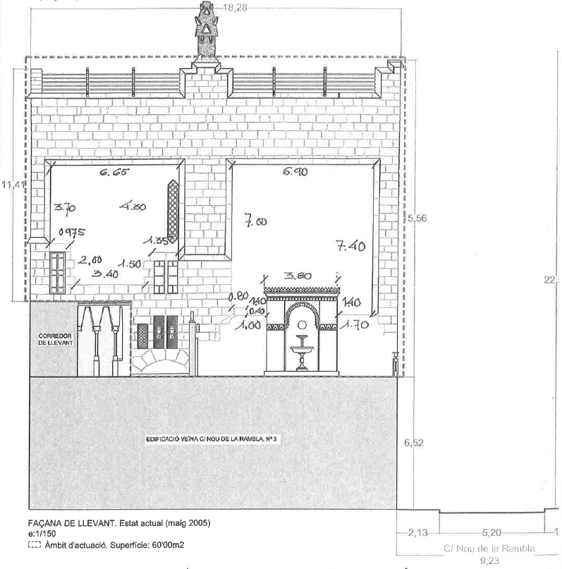 Plano a 1: 150 de la fachada levante del Palau Güell con las acotaciones de los técnicos de la Diputació