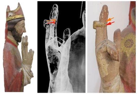 The forged nails are pointed out in the X-ray image. Photos: Núria Prat – treated X-ray image: Àngels Comella